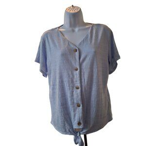 Weatherproof Womens Top Medium Blue Button Front Tie Hem Short Sleeve Cabincore
